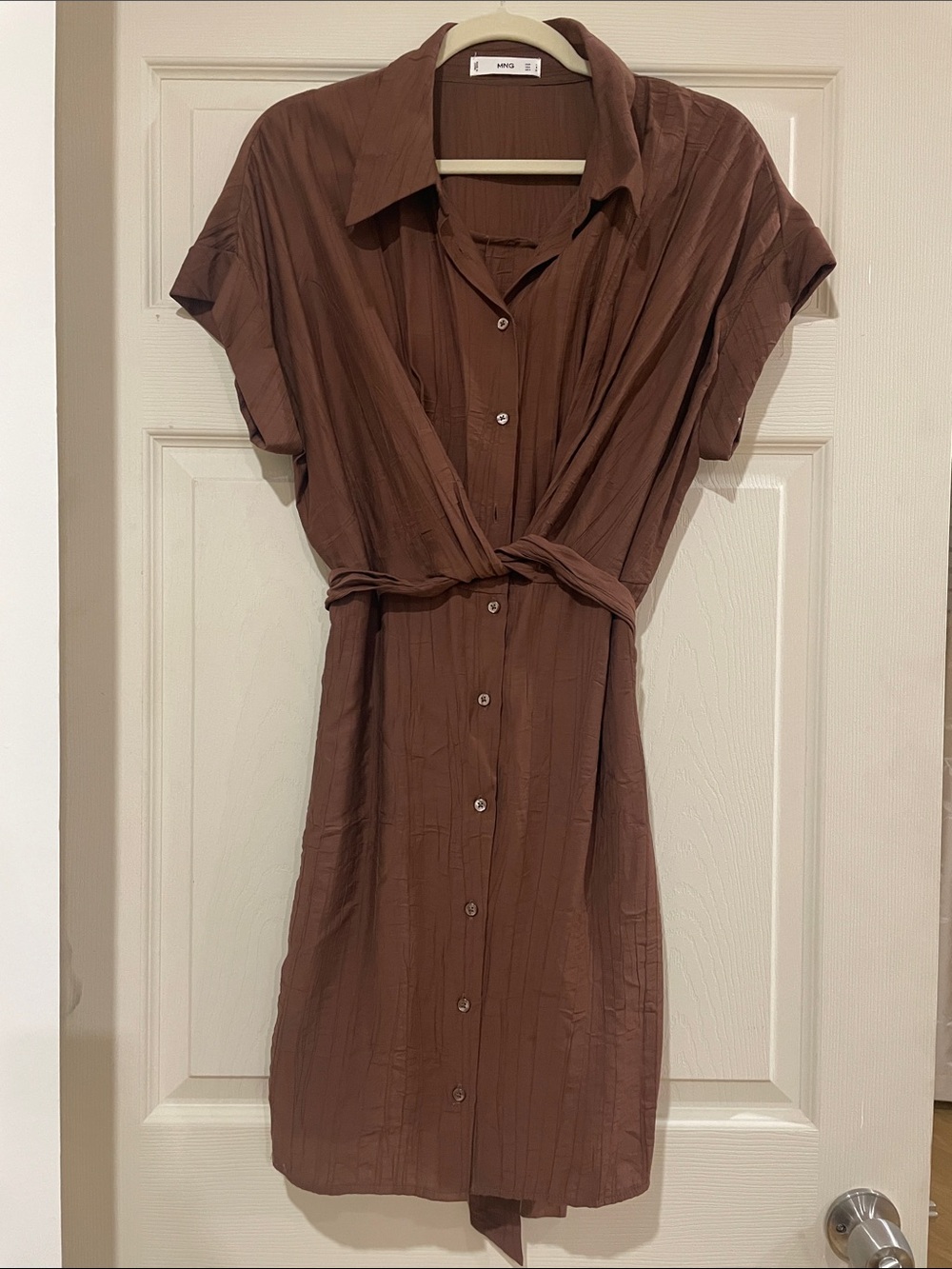 Mango Brown Button-Front Shirt Dress with Knot Waist